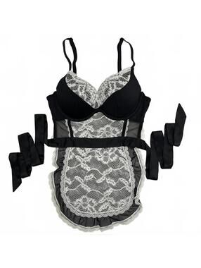 La Senza French Maid Lingerie Top Ribbon Waist Tie Sz XS Milkmaid Lolita Goth